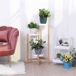 3-Tier Bamboo Plant Stand Flower Succulents Potted with Round White Shelvings