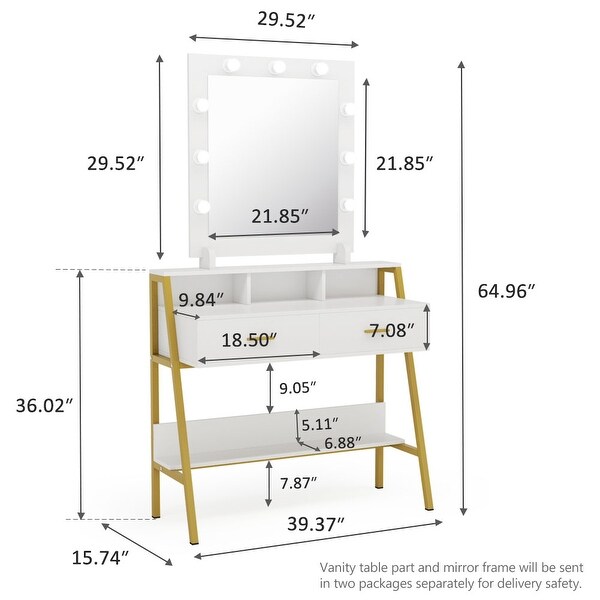 Vanity Table with Lighted Mirror, Makeup Desk with 2 Drawers and Shelf