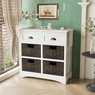 Storage Kitchen Cabinet with 2 Drawers and 4 Rattan Basket
