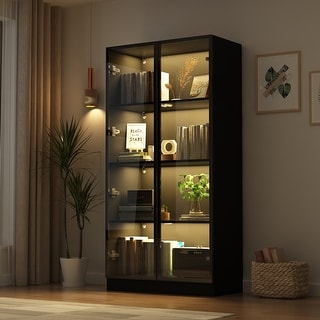 Tall Multipurpose Storage Bookcase with Glass Doors and Shelves Buffet
