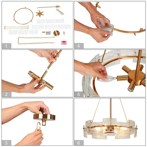 Modern Glam Gold 6-Light Drum Chandelier Glass Pendant Light for Dining Room - D 20.5" x H 24"