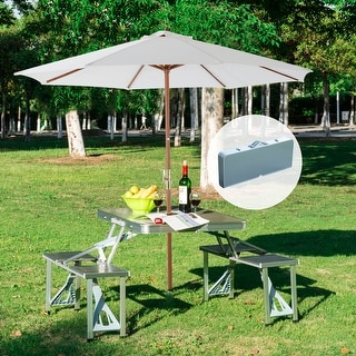Outsunny 4 Person Aluminum Portable Folding Suitcase Picnic Table Set with Umbrella Hole & Compact Design - Silver
