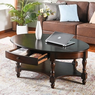 Solid Wood Oval Coffee Table with Drawer and Storage Shelf