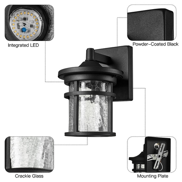 Black Integrated LED Outdoor Wall Light Lantern Sconces with Crackle Glass Shade 2-Pack - 2-Pack Small