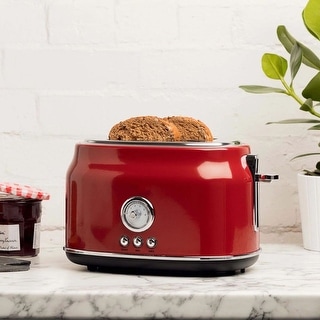 2-Slice Wide Slot Stainless Steel Countertop Retro Toaster, Red