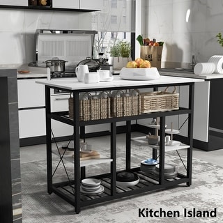 Room Prep Table Kitchen Island, Kitchen Rack with Large Worktop, Faux Marble Tabletop