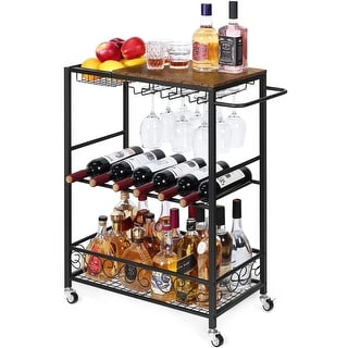 3 Tier Mobile Bar Serving Cart, Rolling Wine Cart with Glass Stemware Rack and Wine Bottle Holders