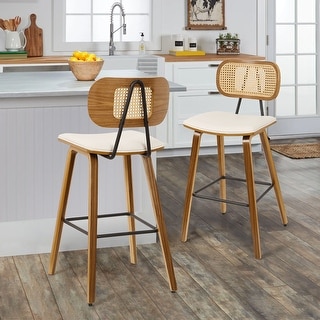 27" Counter Height Bar Stools with Rattan Back and Walnut Wood Frame