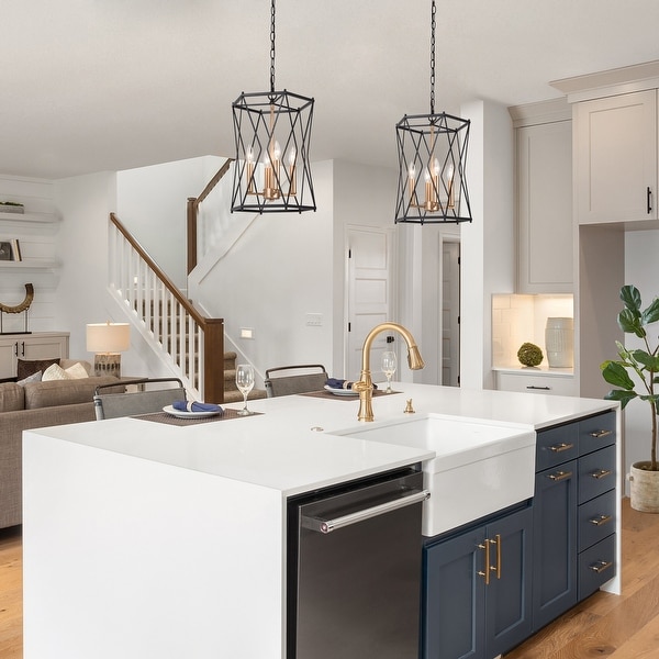 Modern Farmhouse Black Gold 4-light Cylinder Kitchen Island Lantern Pendant Light Candle Drum Foyer Chandelier - D 12.5"x H 18"