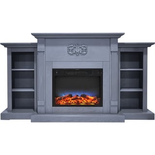 Cambridge Sanoma 72 In. Electric Fireplace in Slate Blue with Built-in Bookshelves and a Multi-Color LED Flame Display