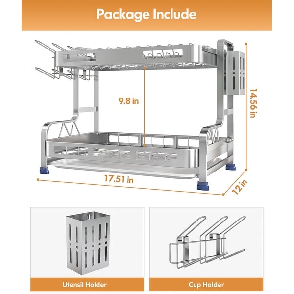 2 Tier Kitchen Stainless Steel Dish Rack with Cutlery Holder
