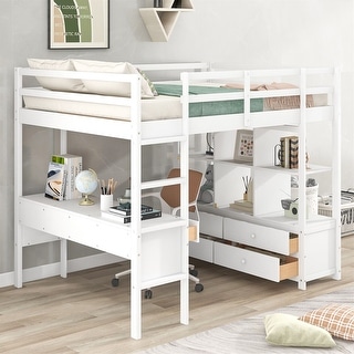 Merax Loft Bed with Built-in Desk, Storage Shelves and Drawers