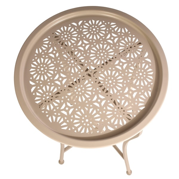 Atlantic Daisy Side End Table Tray - Stone; Removeable Tray Top, Décor, Collapsible Legs, Perferated Pattern Powder-Coated