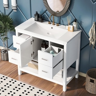 Modern White 36" Bathroom Vanity Cabinet with USB Charging Port,3 Drawers