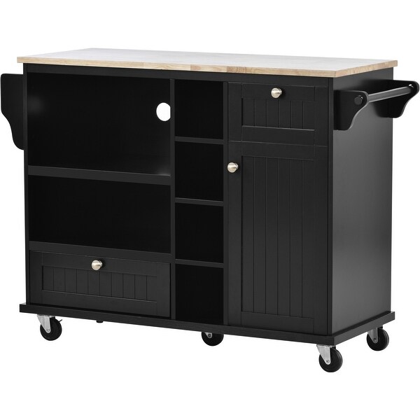 Kitchen Island Cart, Solid Wood Table Top Floor Standing Sideboard with Storage and Two Locking Wheels for Dining Room