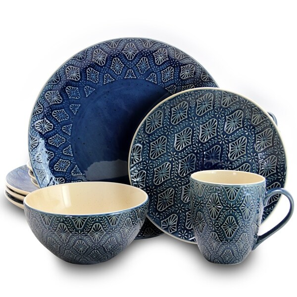 16 Piece Dark Blue Embossed Pattern Stoneware Dinnerware Set