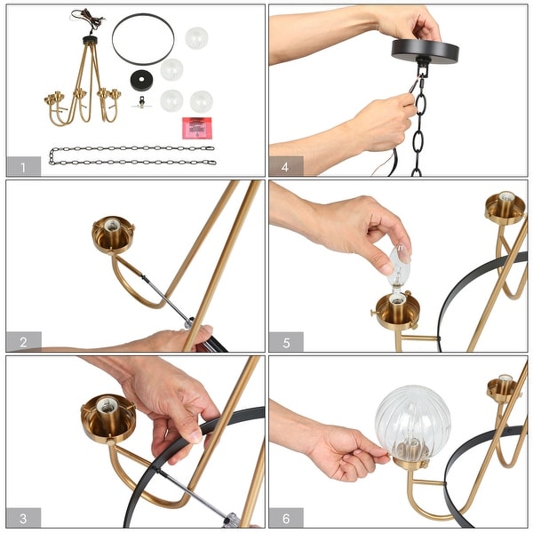 Modern 5-Light Black Gold Wagon Wheel Chandelier Glass Pendant Lights for Dining Room - 22" D x 21.5" H