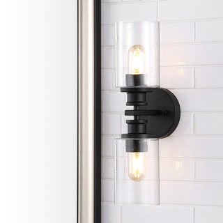 Jules Edison 16.5" Cylinder 2-Light Iron/Seeded Glass Farmhouse Contemporary LED Wall Sconce, Black by JONATHAN Y - One
