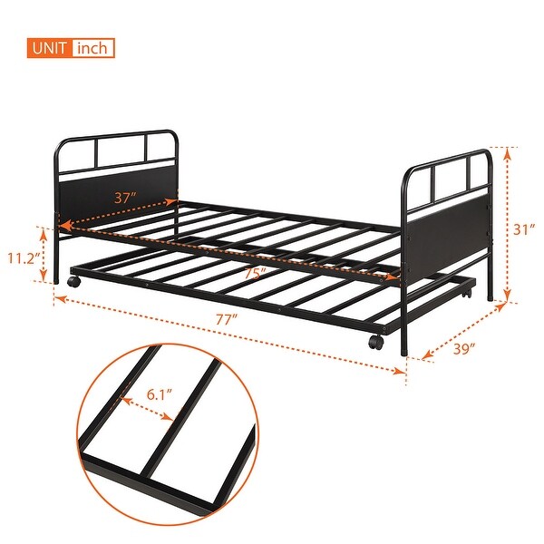 Metal Daybed Platform Bed Frame with Trundle: Built-in Casters, Space Saving, Metal Construction