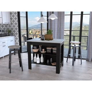 Rockaway Kitchen Island with 3-Tier Storage Rack, Rustic Modern Furniture with Ibiza Marble Tabletop, Kitchen