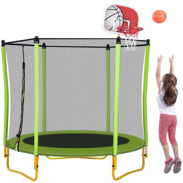 65" Mini Toddler Trampoline with Enclosure, Basketball Hoop and Ball Included