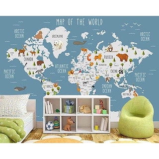 Peel&Stick Blue World Map Wall Mural Cartoon Animal Wallpaper