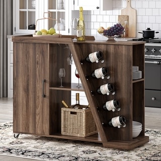 Kitchen Island Cart on Wheels Wood Cabinets with 5 Wine Holders and Storage Cart