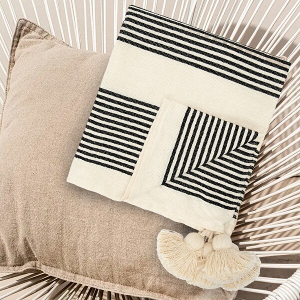 Cotton & Chenille Woven Throw with Stripes & Tassels