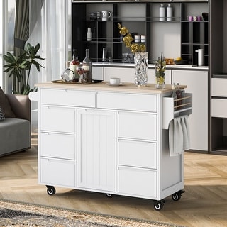Kitchen Cart with Rubber Wood Countertop, Kitchen Island has 8 Handle-Free Drawers Including a Flatware Organizer and 5 Wheels
