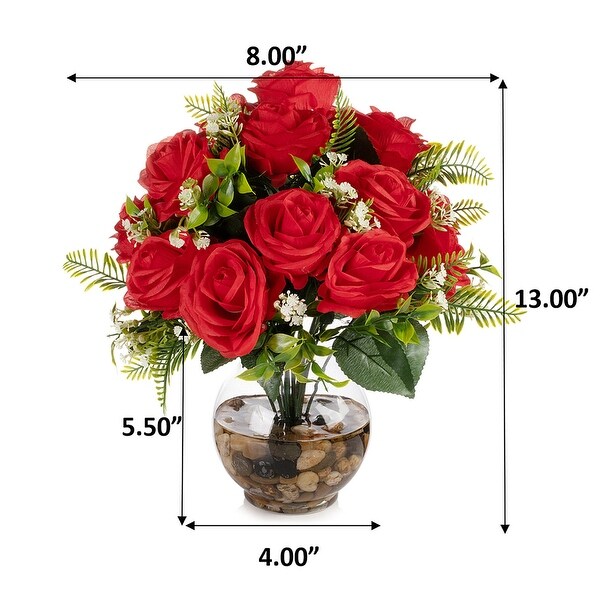 18 Heads Silk Rose Flower in Clear Glass Vase With Faux Water and River Stone for Home Decor, Wedding Table