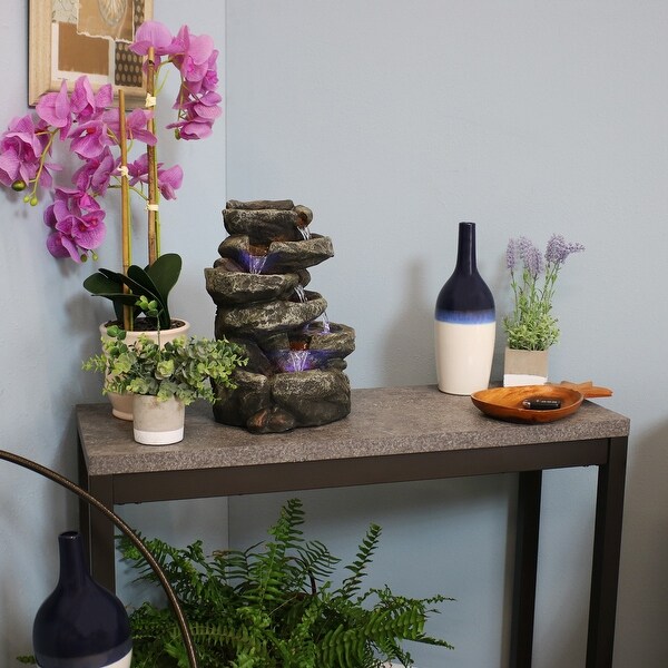6 Tier Stone Falls Tabletop Indoor Water Fountain Feature w/ LED - 15"
