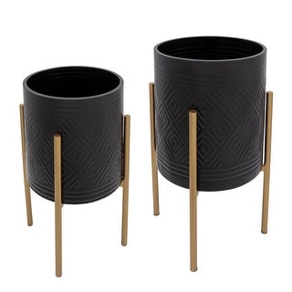 Set of 2 Aztec Planter On Metal Stand, Black, gold 23"H - 14.0" x 14.0" x 23.0"