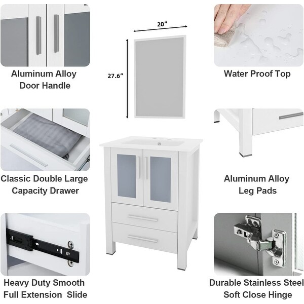 Eclife 24" Bathroom Vanity Set W/ Drop in Ceramic Sink MDF Cabinet Mirror Combo Free-standing