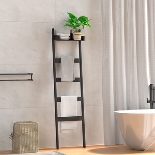 Blanket Ladder with Shelf, 5-Tier Bamboo Towel Racks
