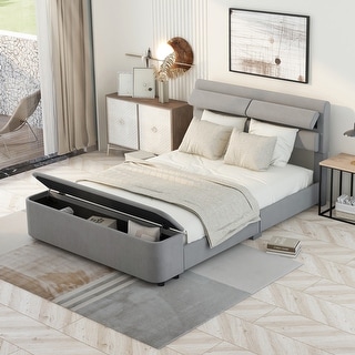 Upholstery Platform Bed with Storage Headboard and Footboard, Solid Wood Bedframe with Support Legs, No Need Spring Box