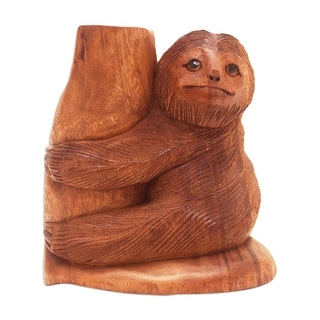 Novica Handmade Slow Loris Hug Wood Sculpture
