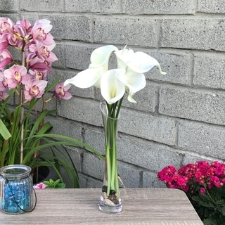 Enova Home Cream Artificial Velet Lily Fake Silk Flowers Arrangement in Clear Glass Vase with Faux Water for Home Office Decor