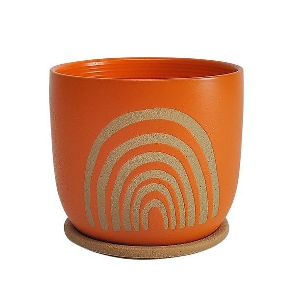 Ceramic 8" Arch Planter with Saucer, Orange 7"H - 8.0" x 8.0" x 7.0"