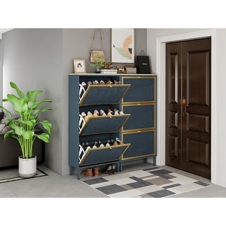 Blue Natural Rattan 3 Door Shoe Cabinet Shoe Rack