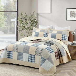 Cozy Line Tattersall Blue Tan Tartan Plaid Patchwork 3 Piece Quilt Bedding Set
