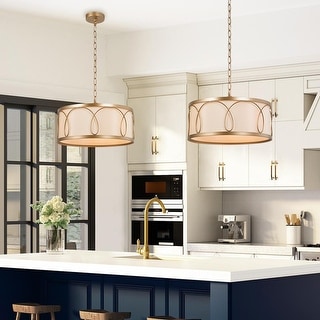 Mid-century Modern Drum Chandelier Kitchen Pendant 3-light with Fabric Shade - D 16'' x H 67''
