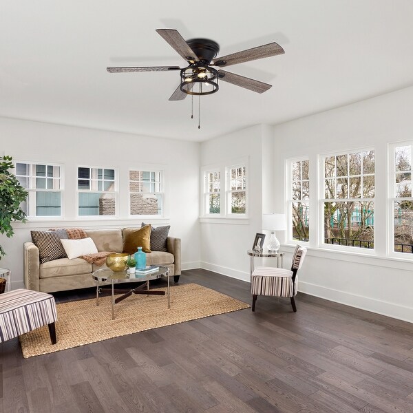 52-inch Indoor Matte Black Industrial Ceiling Fan with Light and Pull Chain