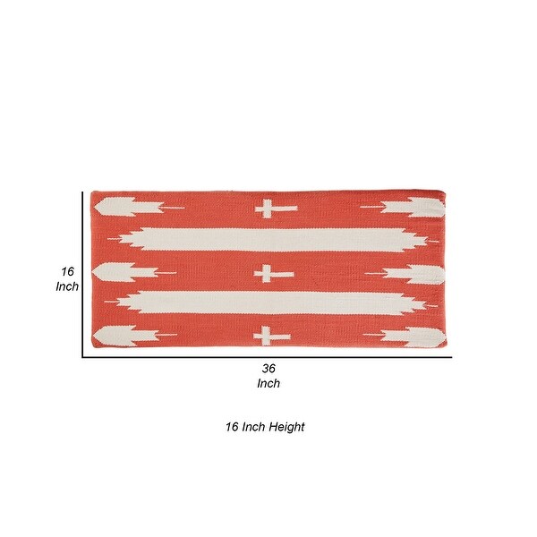 36 Inch Modern Bench, Nailhead Trim, Woven Soft Cotton, Orange, Beige