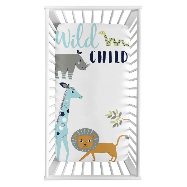 Safari Animals Collection Boy Photo Op Fitted Crib Sheet - Turquoise and Navy Blue Mod Jungle Lion Giraffe