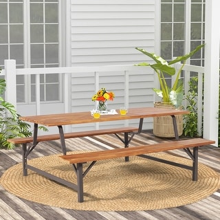 Wooden Patio Picnic Table Bench Set with 71'' Tabletop& Umbrella Hole