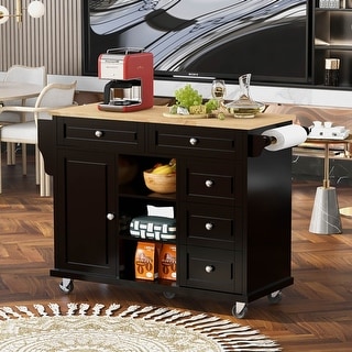 Rolling Kitchen Cart with Rubber Wood Desktop, Multi Storage and Drawers