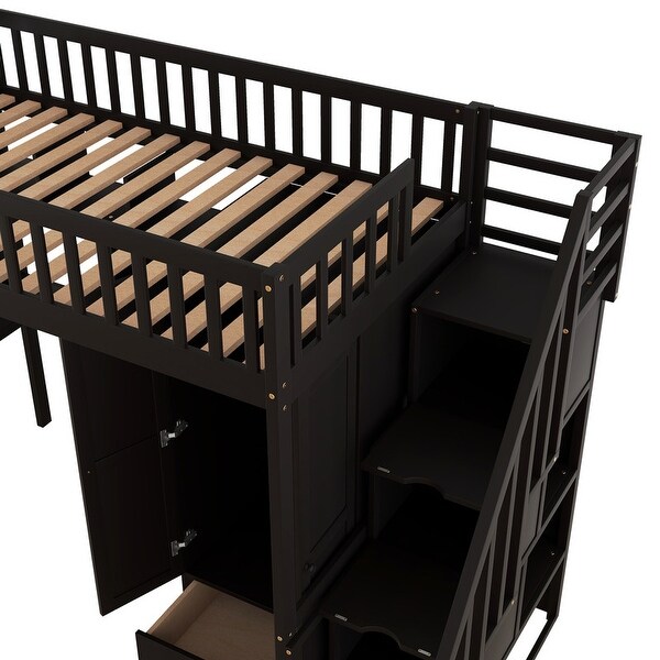 Twin Loft Bed with Stairs, Desk, Bookshelf, Drawers and Wardrobe, Solid Wood Loft Bed Frame with Storage