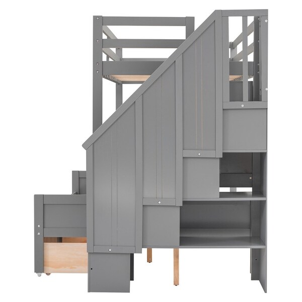 Twin XL over Full Size Bunk Bed Built-in Bookshelves and Drawers