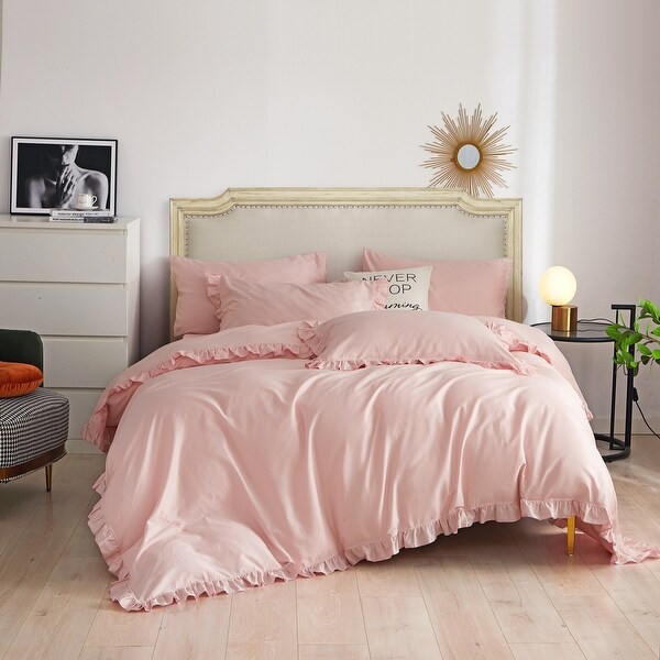 Pink Ruffle Duvet Cover, Fitted Bedding Set, 100% Cotton