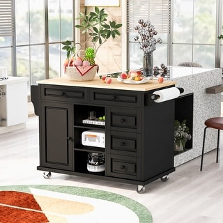 Rubber Wood Desktop Rolling Mobile Kitchen Island with Storage and 5 Draws